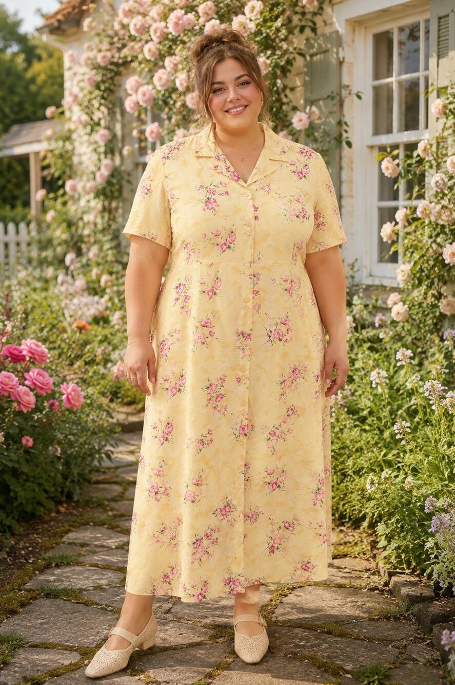 Vintage Kittie Lee Dress 24W Yellow Pink Floral Button Front Cottagecore Maxi